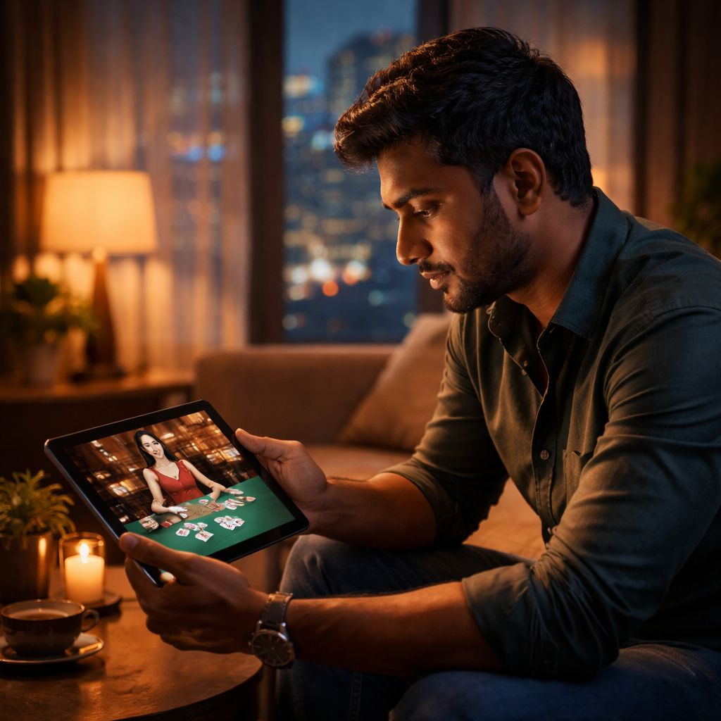 Sophisticated casino ambiance featuring elegant card tables and golden poker chips representing the premium BDT99 online betting experience for Bangladeshi players