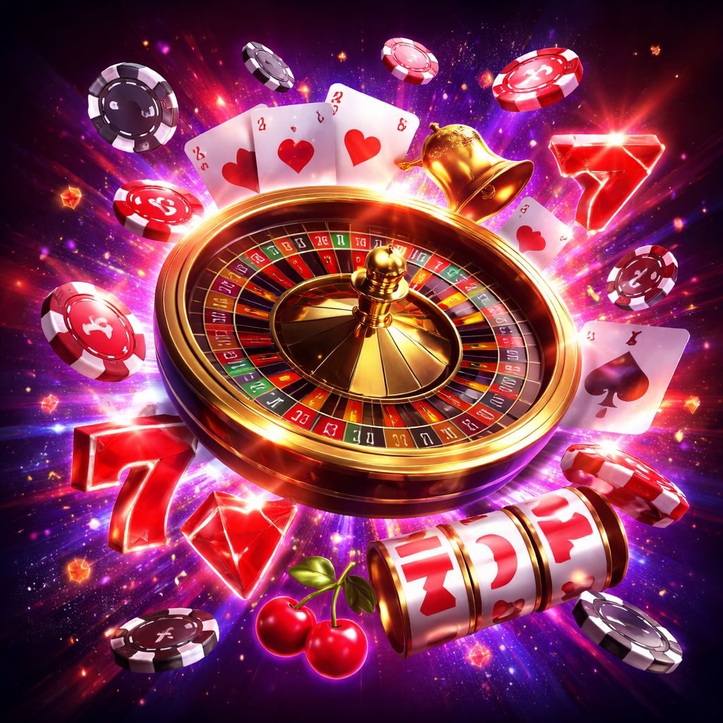 Dynamic composition of floating casino elements including golden coins, playing cards and glowing slot symbols against a rich purple backdrop