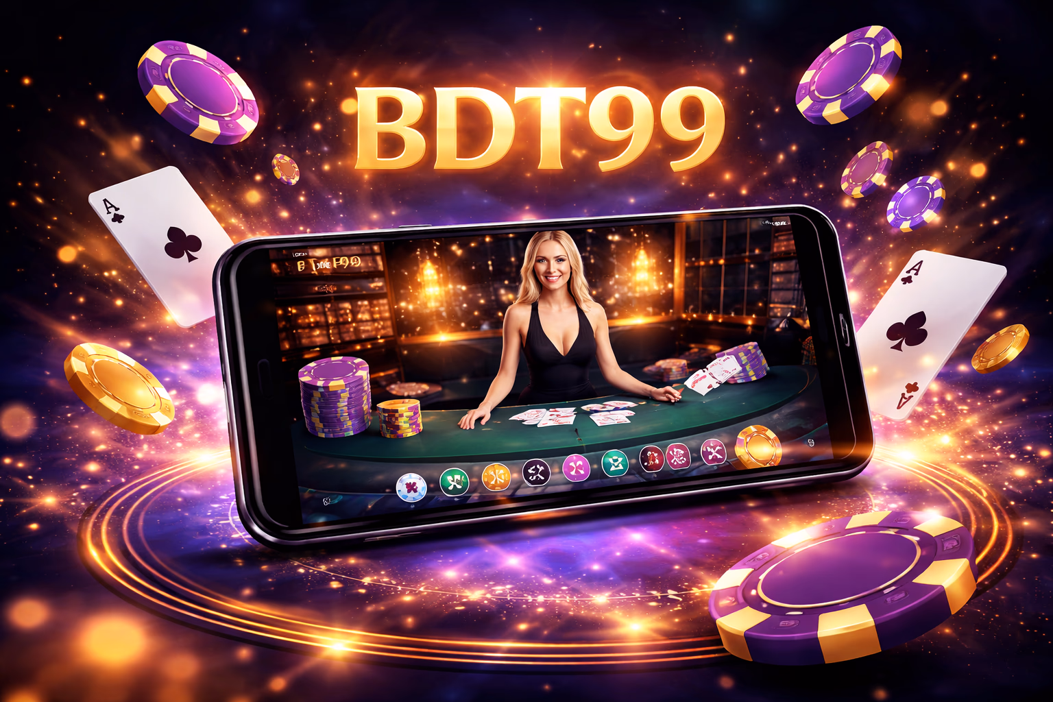 Confident Bengali woman exploring the BDT99 app interface on her phone with glowing casino chips and card suits floating around her