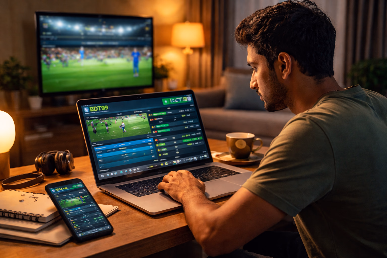 Focused Bangladeshi bettor analyzing live cricket odds on a laptop using BDT99 platform while a match broadcast plays on a nearby television screen