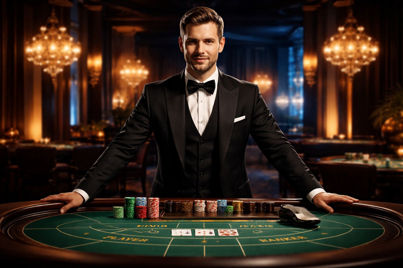 Elegant live casino dealer confidently managing a baccarat table surrounded by sophisticated decor and warm ambient lighting at BDT99 Bangladesh