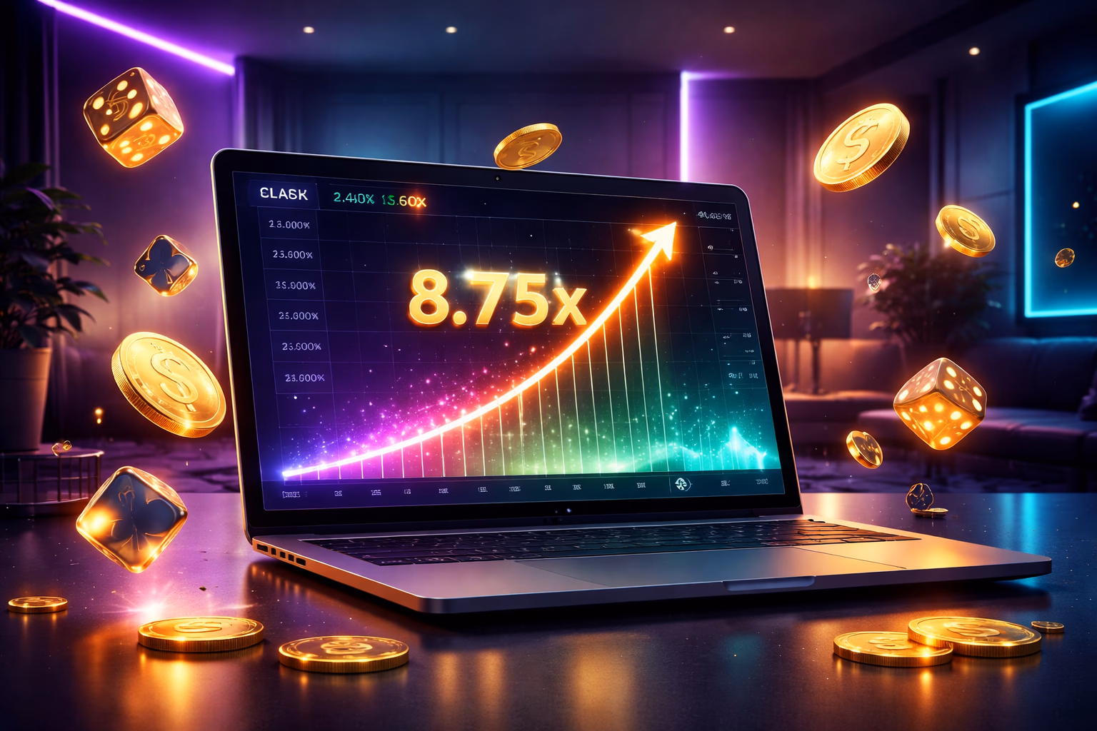 Laptop displaying the BDT99 Aviator crash game surrounded by golden coins and vibrant betting interface elements in a dynamic digital scene