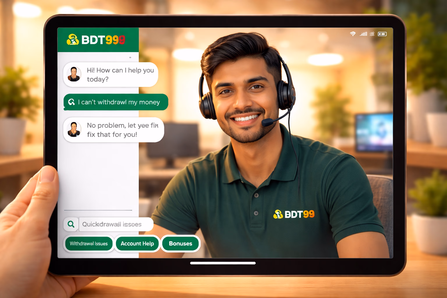 Warm and welcoming Bangladeshi customer service representative assisting a player with BDT99 account recovery on a bright modern screen