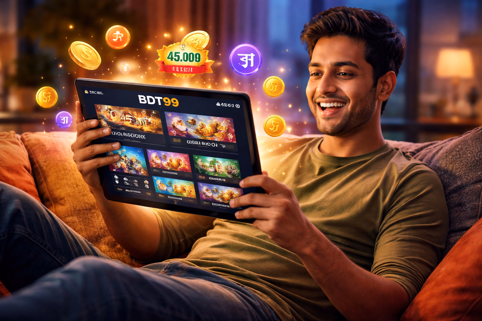 Enthusiastic Bangladeshi gamer exploring the feature-rich BDT99 personal dashboard with colourful reward notifications and balance indicators on a tablet